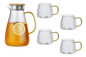 Jarra Em Vidro Borossilicato Tampa De Bambu 1800ml + 4 Copos