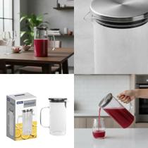 Jarra Vidro Borossilicato 1100ml Tampa Inox Resistente Aquecimento Suco Água Saborizada Drinks Coqueteis Leite Decoração