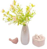 jarro de Porcelana rose + 1 ramo de Flores para o vaso+ 1 enfeite passarinho em porcelana + Porta joias Objetos - DECORARJ