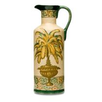 Jarro em cerâmica craquelê, fundo na cor fendi e pintura de uma palmeira verde e amarela (14,5x 2,5x34cm)