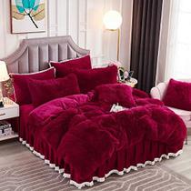 JAUXIO Luxo Long Faux Fur 3 PCS Roupa de cama Conjunto Salsicha Edredom Edredom com travesseiro Shams Ultra Soft Crystal Velvet Reverse (Rei, Borgonha)