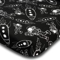 Jaxson's World Outer Space Fitted Crib Sheet, Extra Soft 100% Jersey Knit Cotton, Respirável, Bebê e Folha de Criança - Foguete e Astronauta