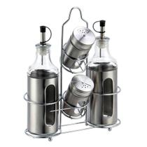 Jde 2 galheteiros e 2 porta condimento em vidro com suporte em aco inox L21,6xP7,7xA27,3cm - Dynasty Jde 2 galheteiros e 2 porta condimento em vidro com suporte em aco inox L21,6xP7,7xA27,3cm - Dynasty
