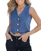Jean Vest luvamia Crop Denim Top Button Down, colete azul