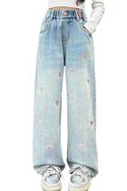 Jeans AOWKULAE Baggy Girls bordados com estampa de coração rosa 10-11Y Jeans AOWKULAE Baggy Girls bordados com estampa de coração rosa 10-11Y