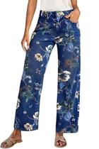 Jeans chouyatou femininos vintage com estampa floral e perna larga