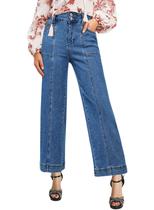 Jeans cortados, estilosos, elásticos, cintura alta, perna larga, azul