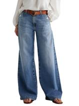 Jeans de perna larga, flamingals, cintura média, ponto folgado, feminino, azul, GG Jeans de perna larga, flamingals, cintura média, ponto folgado, feminino, azul, GG