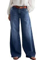 Jeans de perna larga Flamingals para mulheres de cintura média azul marinho 2GG Jeans de perna larga Flamingals para mulheres de cintura média azul marinho 2GG