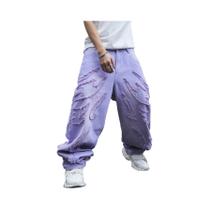 Jeans desgastados roxos estilo rua alta para homens, calças largas soltas e modernas de rua hip-hop