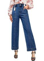 Jeans elegantes, cortados, largos, pernas retas, cintura alta, femininos