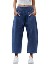 Jeans femininos Cicy Bell, pernas largas, cortados, folgados, namorados, azul marinho Jeans femininos Cicy Bell, pernas largas, cortados, folgados, namorados, azul marinho