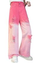 Jeans femininos de perna larga SANGTREE, cintura elástica, jeans largos para meninas, 4 Butterfly Patch Pink de 11 a 12 anos = Tag 160