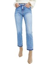 Jeans femininos elegantes, bainha envelhecida, perna reta, azul celeste