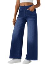Jeans femininos largos e largos, de cintura alta, pulseiras azul-marinho