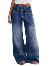 Jeans Flamingals, perna larga, cordão, cintura média, azul escuro, L Jeans Flamingals, perna larga, cordão, cintura média, azul escuro, L