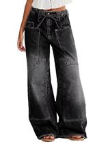 Jeans Flamingals, perna larga, cordão, cintura média, pretos para mulheres Jeans Flamingals, perna larga, cordão, cintura média, pretos para mulheres