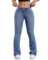 Jeans Flare Bootcut, cintura baixa, feminina, Flvsun, azul médio, S