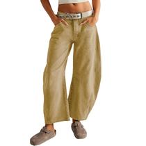 Jeans HOTIAN Barrel femininos, pernas largas, cintura baixa, cáqui