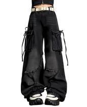 Jeans Hugboom Baggy Cargo Star para mulheres e meninas Y2k Black XXS