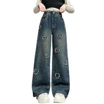 Jeans Milokado para crianças e meninas, folgados, com estampa de coração, perna larga, pretos Jeans Milokado para crianças e meninas, folgados, com estampa de coração, perna larga, pretos