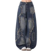 Jeans OTEEGX Baggy para mulheres e meninas Star Beboidered Blue Jeans OTEEGX Baggy para mulheres e meninas Star Beboidered Blue