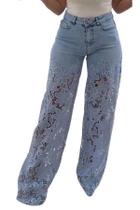 Jeans Sezhgswd, renda feminina, patchwork, cintura alta, azul