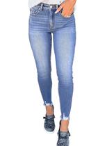 Jeans SHEWIN, cintura alta, elásticos, magros, bainha crua, femininos, azuis