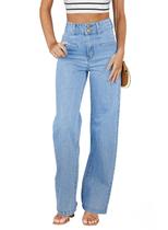 Jeans Sidefeel, femininos, pernas largas, cintura alta, azul elástico