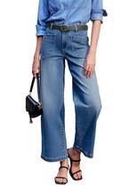 Jeans Sidefeel, femininos, pernas largas, cintura alta, elásticos, azul celeste Jeans Sidefeel, femininos, pernas largas, cintura alta, elásticos, azul celeste