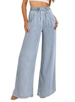 Jeans Sidefeel, perna larga, cintura alta, cordão, azul jeans Jeans Sidefeel, perna larga, cintura alta, cordão, azul jeans