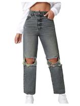 Jeans SweatyRocks femininos de cintura alta rasgados, azul envelhecido