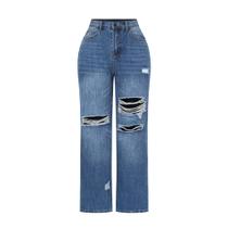 Jeans THUNDER STAR Cintura Alta, Pantalona, Azul Rasgado