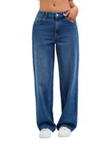 Jeans Wanduyini Straight Leg para mulheres, folgados, azul médio