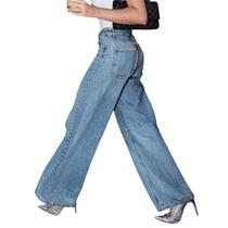 Jeans WGXWGX femininos cravejados com pernas retas, cintura alta, azul