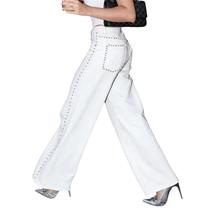 Jeans WGXWGX femininos cravejados com pernas retas, cintura alta, brancos