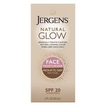 Jergens Natural Glow Self Tanner Face Hidratante, SPF 20 Facial Sunscreen, Medium to Deep Skin Tone, Sunless Tanning, Oil Free, Broad Spectrum Protection UVA e UVB, 2 oz (Embalagem Pode Variar)