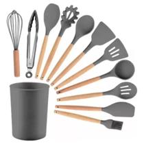 Jg 12 pc utensilios silicone cabo madeira com suporte dulcet cinza
