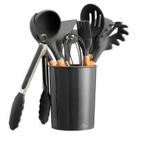 Jg 12 Pc Utensilios Silicone Preto Cabo Madeira C Suporte