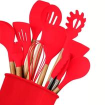 Jg 12 Pc Utensilios Silicone Vermelho Cabo Madeira C Suporte