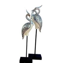 Jg 2 Escultura Pássaros Garças Pedestal Metal e Madrepérola