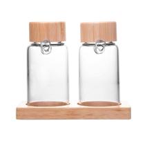 Jg 2 Galheteiros com Tampa e Suporte de Bambu 170ml