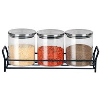 Jg.3 Porta Condimento em Vidro c/Tampa e Suporte Metal 350ml