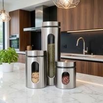 Jg 3 Potes Com Tampa Para Mantimentos Inox Visor de Vidro