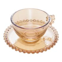 Jg.4 Xícaras Chá Cristal com Pires Pearl Bolinha Ambar 180ml Wolff