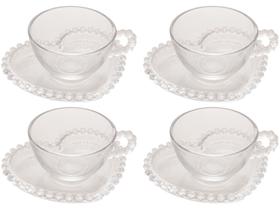 Jg.4 Xicaras para Cha Cristal com Pires Coração Bolinha 180ml Jg.4 Xicaras para Cha Cristal com Pires Coração Bolinha 180ml