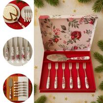 Jg 6 Garfos c Espátula p Bolo Cabo Porcelana Estampado 7 Pçs