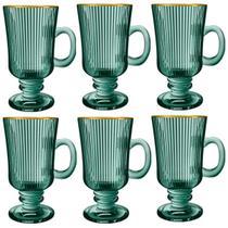 Jg.6 Xícaras Irish Coffe Vidro Cameratta Borda Dour.Verde 230ml