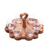 Jg 6 xícaras para café em vidro com pires e suporte em madeira Teca Coração 65ml - Woodart