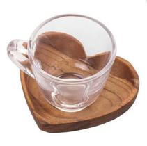 Jg. 6 xícaras para chá em vidro 190ml com pires em madeira Teca Coração - Woodart